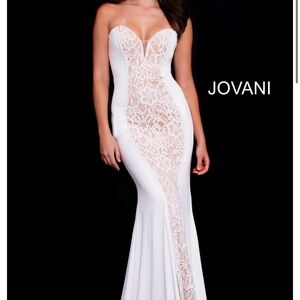 Jovani White Lace Strapless Gown